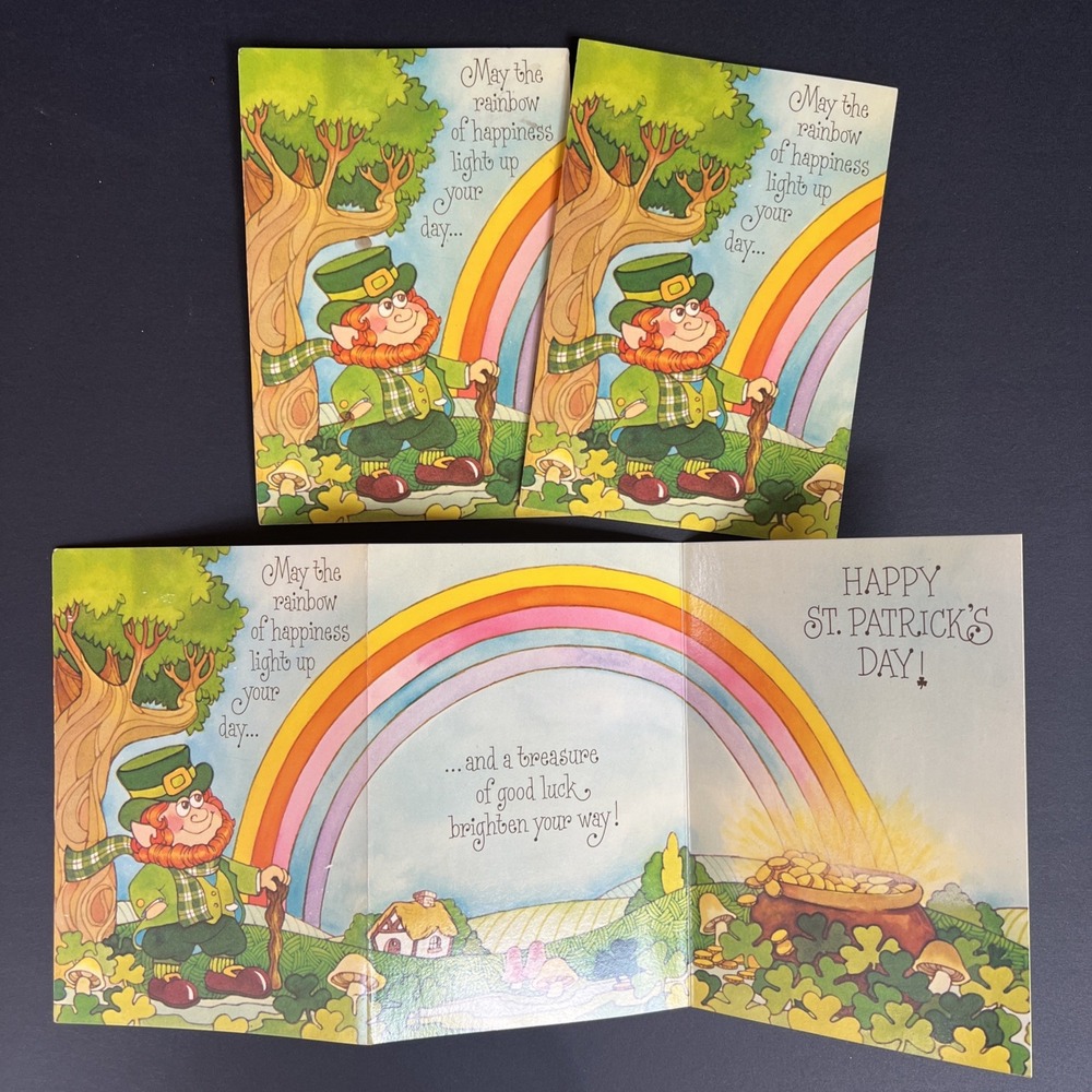 VTG St Patrick's Day Greeting Cards Set 3 Unused Rainbow Leprechaun Mary Grace
